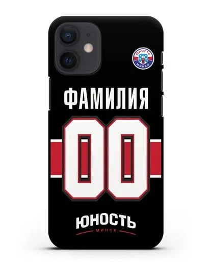 Именной чехол ХК Юность-Минск с фамилией и номером (сезон 2018-2019) черная форма силиконовый для iPhone 12 mini