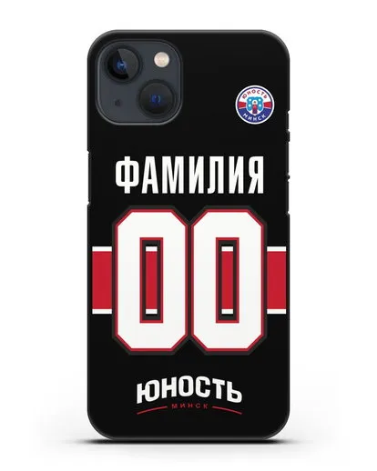 Именной чехол ХК Юность-Минск с фамилией и номером (сезон 2018-2019) черная форма силиконовый для iPhone 13 Mini