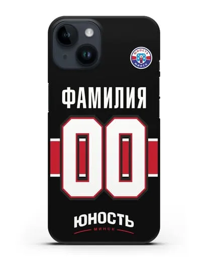 Именной чехол ХК Юность-Минск с фамилией и номером (сезон 2018-2019) черная форма силиконовый для iPhone 14