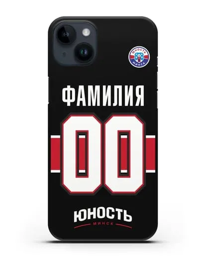 Именной чехол ХК Юность-Минск с фамилией и номером (сезон 2018-2019) черная форма силиконовый для iPhone 14 Plus