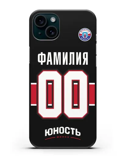 Именной чехол ХК Юность-Минск с фамилией и номером (сезон 2018-2019) черная форма силиконовый для iPhone 15 Plus