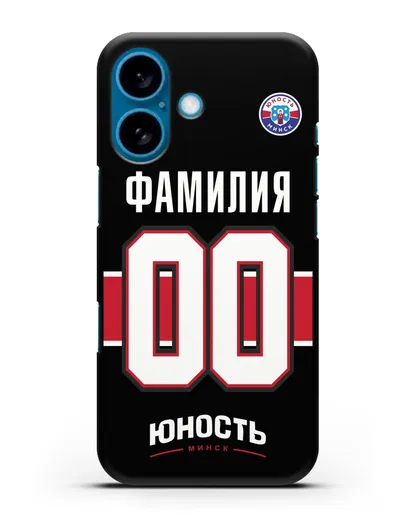 Именной чехол ХК Юность-Минск с фамилией и номером (сезон 2018-2019) черная форма силиконовый для iPhone 16