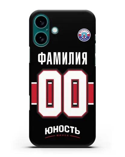 Именной чехол ХК Юность-Минск с фамилией и номером (сезон 2018-2019) черная форма силиконовый для iPhone 16 Plus