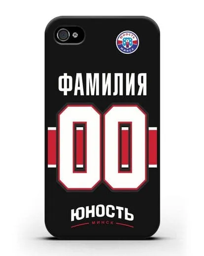 Именной чехол ХК Юность-Минск с фамилией и номером (сезон 2018-2019) черная форма силиконовый для iPhone 4/4s