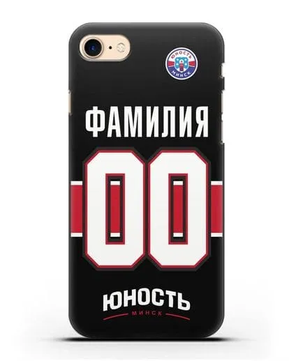 Именной чехол ХК Юность-Минск с фамилией и номером (сезон 2018-2019) черная форма силиконовый для iPhone 8