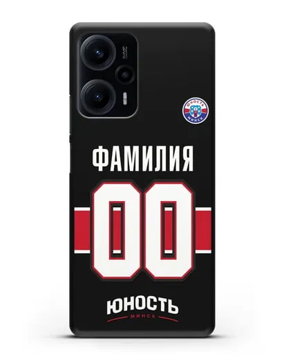 Именной чехол ХК Юность-Минск с фамилией и номером (сезон 2018-2019) черная форма силиконовый для Xiaomi Poco F5