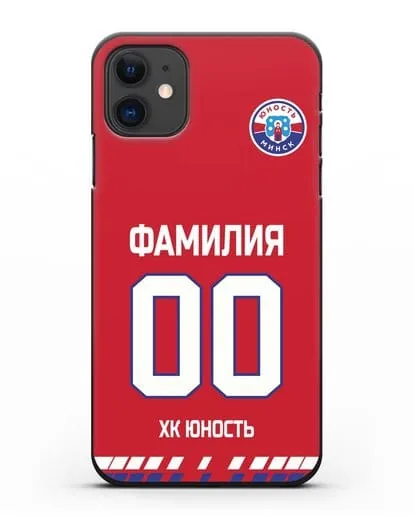 Именной чехол ХК Юность-Минск с фамилией и номером (сезон 2019-2020) красная форма силиконовый для iPhone 11