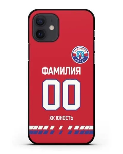 Именной чехол ХК Юность-Минск с фамилией и номером (сезон 2019-2020) красная форма силиконовый для iPhone 12