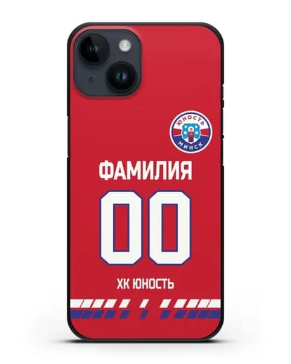 Именной чехол ХК Юность-Минск с фамилией и номером (сезон 2019-2020) красная форма силиконовый для iPhone 14