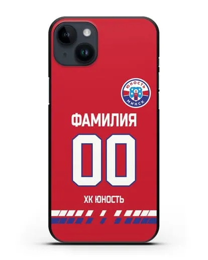 Именной чехол ХК Юность-Минск с фамилией и номером (сезон 2019-2020) красная форма силиконовый для iPhone 14 Plus