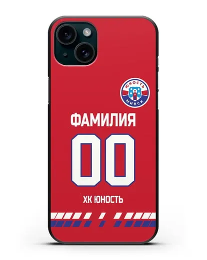 Именной чехол ХК Юность-Минск с фамилией и номером (сезон 2019-2020) красная форма силиконовый для iPhone 15 Plus