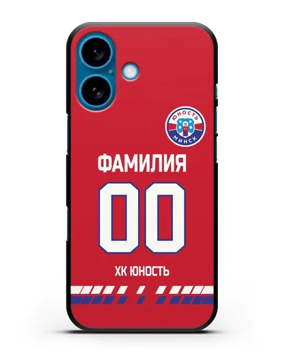 Именной чехол ХК Юность-Минск с фамилией и номером (сезон 2019-2020) красная форма силиконовый для iPhone 16