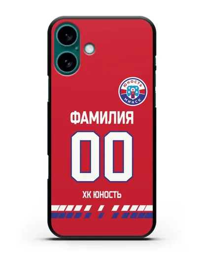 Именной чехол ХК Юность-Минск с фамилией и номером (сезон 2019-2020) красная форма силиконовый для iPhone 16 Plus