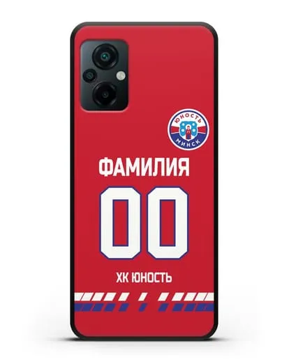 Именной чехол ХК Юность-Минск с фамилией и номером (сезон 2019-2020) красная форма силиконовый для Xiaomi Poco M5