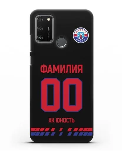 Именной чехол ХК Юность-Минск с фамилией и номером (сезон 2019-2020) черная форма силиконовый для Honor 9A