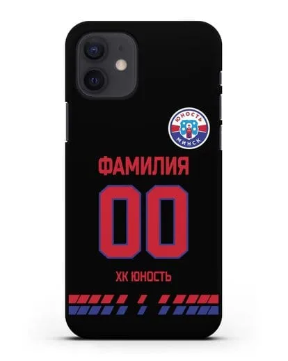 Именной чехол ХК Юность-Минск с фамилией и номером (сезон 2019-2020) черная форма силиконовый для iPhone 12