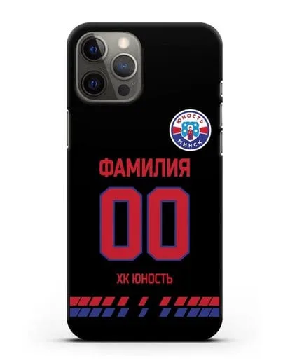 Именной чехол ХК Юность-Минск с фамилией и номером (сезон 2019-2020) черная форма силиконовый для iPhone 12 Pro Max