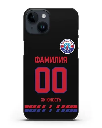 Именной чехол ХК Юность-Минск с фамилией и номером (сезон 2019-2020) черная форма силиконовый для iPhone 14