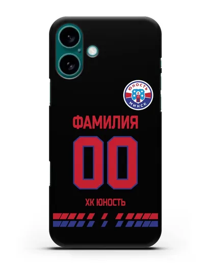 Именной чехол ХК Юность-Минск с фамилией и номером (сезон 2019-2020) черная форма силиконовый для iPhone 16 Plus