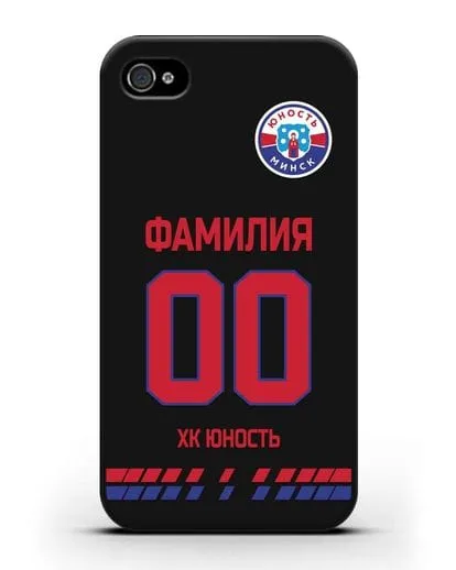 Именной чехол ХК Юность-Минск с фамилией и номером (сезон 2019-2020) черная форма силиконовый для iPhone 4/4s