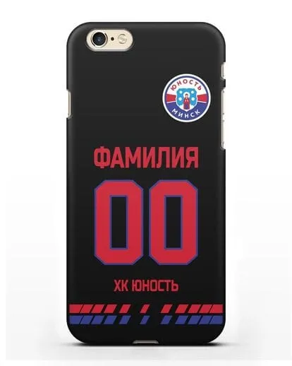 Именной чехол ХК Юность-Минск с фамилией и номером (сезон 2019-2020) черная форма силиконовый для iPhone 6s