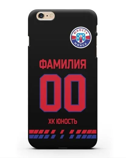 Именной чехол ХК Юность-Минск с фамилией и номером (сезон 2019-2020) черная форма силиконовый для iPhone 6s Plus
