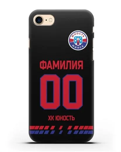 Именной чехол ХК Юность-Минск с фамилией и номером (сезон 2019-2020) черная форма силиконовый для iPhone 8