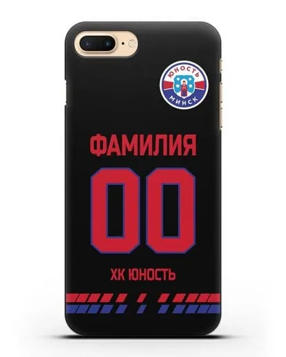 Именной чехол ХК Юность-Минск с фамилией и номером (сезон 2019-2020) черная форма силиконовый для iPhone 7 Plus