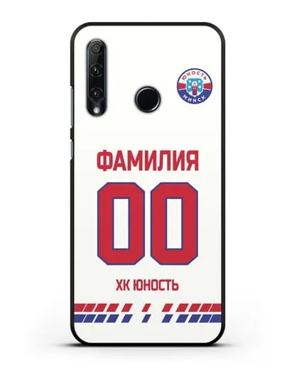 Именной чехол ХК Юность-Минск с фамилией и номером (сезон 2019-2020) белая форма силиконовый для Honor 20e