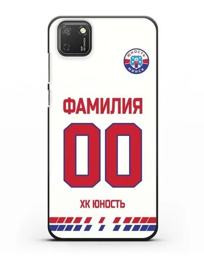 Именной чехол ХК Юность-Минск с фамилией и номером (сезон 2019-2020) белая форма силиконовый для Honor 9S