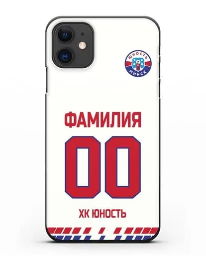 Именной чехол ХК Юность-Минск с фамилией и номером (сезон 2019-2020) белая форма силиконовый для iPhone 11