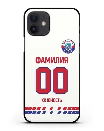 Именной чехол ХК Юность-Минск с фамилией и номером (сезон 2019-2020) белая форма силиконовый для iPhone 12