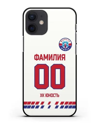 Именной чехол ХК Юность-Минск с фамилией и номером (сезон 2019-2020) белая форма силиконовый для iPhone 12 mini