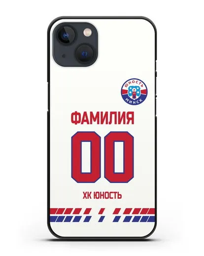 Именной чехол ХК Юность-Минск с фамилией и номером (сезон 2019-2020) белая форма силиконовый для iPhone 13 Mini