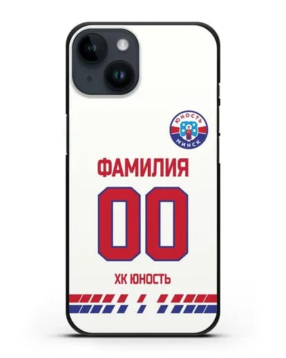 Именной чехол ХК Юность-Минск с фамилией и номером (сезон 2019-2020) белая форма силиконовый для iPhone 14