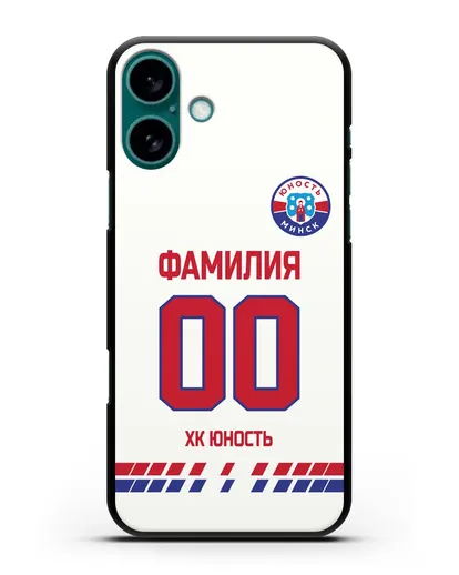 Именной чехол ХК Юность-Минск с фамилией и номером (сезон 2019-2020) белая форма силиконовый для iPhone 16 Plus
