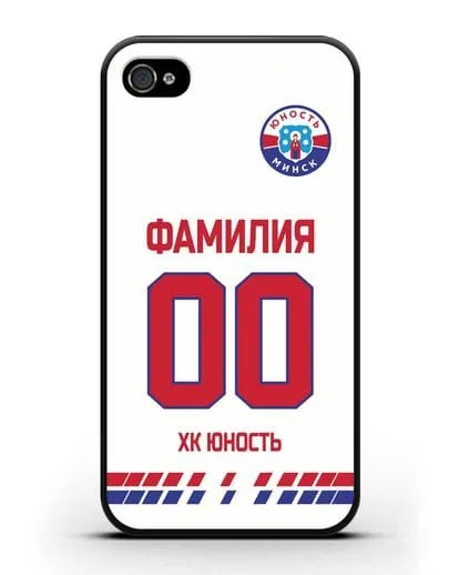 Именной чехол ХК Юность-Минск с фамилией и номером (сезон 2019-2020) белая форма силиконовый для iPhone 4/4s