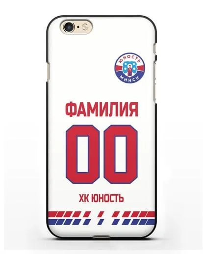 Именной чехол ХК Юность-Минск с фамилией и номером (сезон 2019-2020) белая форма силиконовый для iPhone 6s
