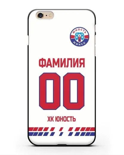 Именной чехол ХК Юность-Минск с фамилией и номером (сезон 2019-2020) белая форма силиконовый для iPhone 6 Plus