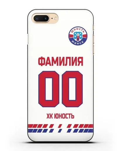Именной чехол ХК Юность-Минск с фамилией и номером (сезон 2019-2020) белая форма силиконовый для iPhone 7 Plus