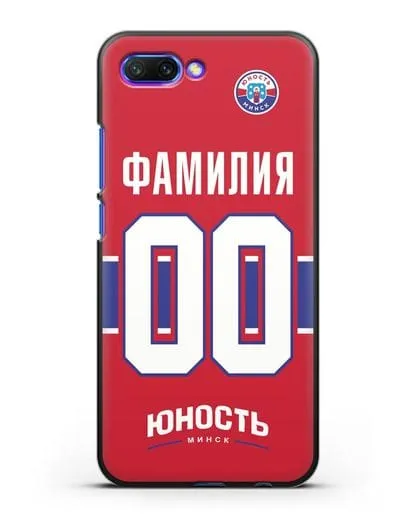Именной чехол ХК Юность-Минск с фамилией и номером (сезон 2018-2019) красная форма силиконовый для Honor 10