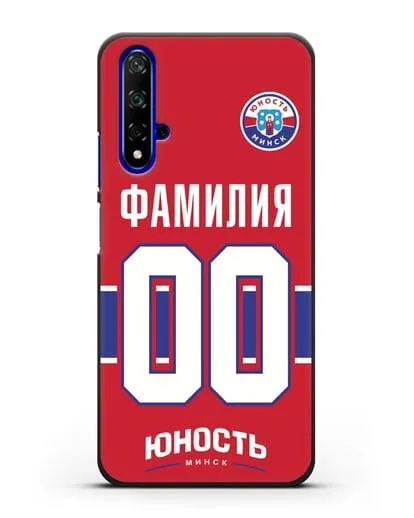Именной чехол ХК Юность-Минск с фамилией и номером (сезон 2018-2019) красная форма силиконовый для Honor 20