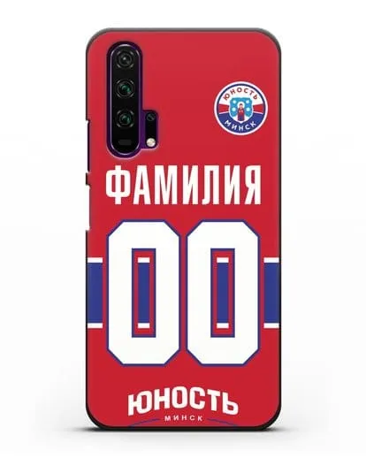 Именной чехол ХК Юность-Минск с фамилией и номером (сезон 2018-2019) красная форма силиконовый для Honor 20 Pro
