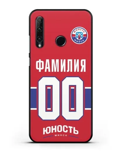 Именной чехол ХК Юность-Минск с фамилией и номером (сезон 2018-2019) красная форма силиконовый для Honor 20e