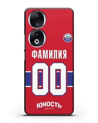Именной чехол ХК Юность-Минск с фамилией и номером (сезон 2018-2019) красная форма силиконовый для Honor 90