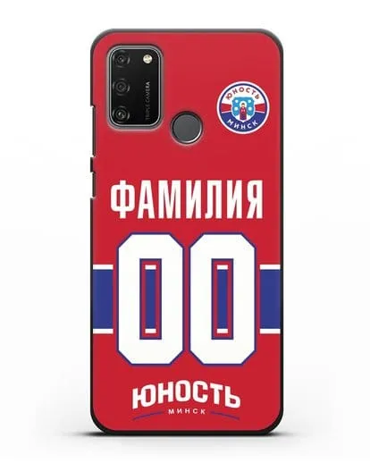 Именной чехол ХК Юность-Минск с фамилией и номером (сезон 2018-2019) красная форма силиконовый для Honor 9A