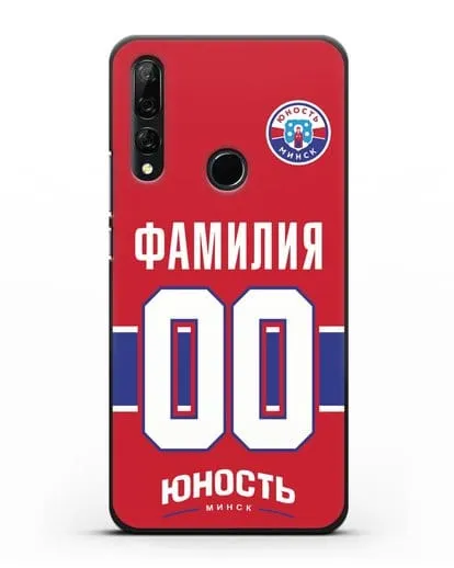 Именной чехол ХК Юность-Минск с фамилией и номером (сезон 2018-2019) красная форма силиконовый для Honor 9X