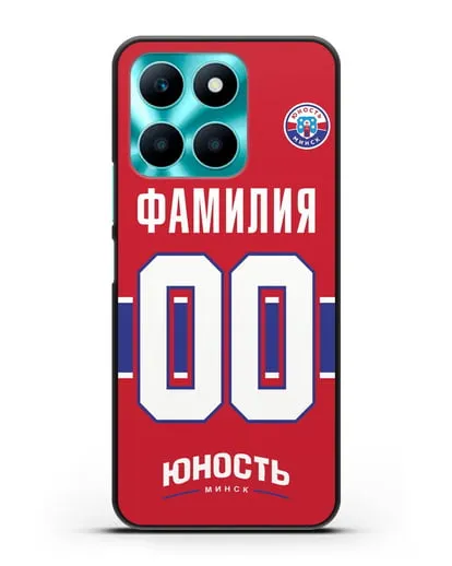Именной чехол ХК Юность-Минск с фамилией и номером (сезон 2018-2019) красная форма силиконовый для Honor X6a