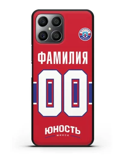 Именной чехол ХК Юность-Минск с фамилией и номером (сезон 2018-2019) красная форма силиконовый для Honor X8