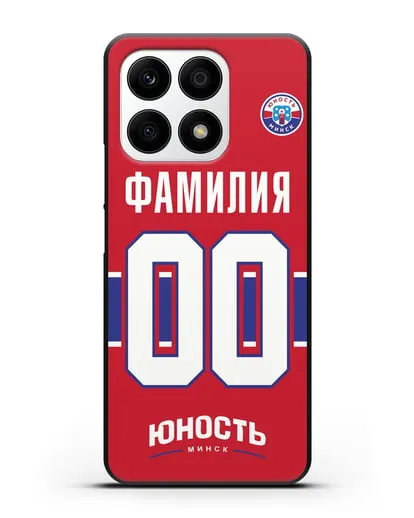 Именной чехол ХК Юность-Минск с фамилией и номером (сезон 2018-2019) красная форма силиконовый для Honor X8a